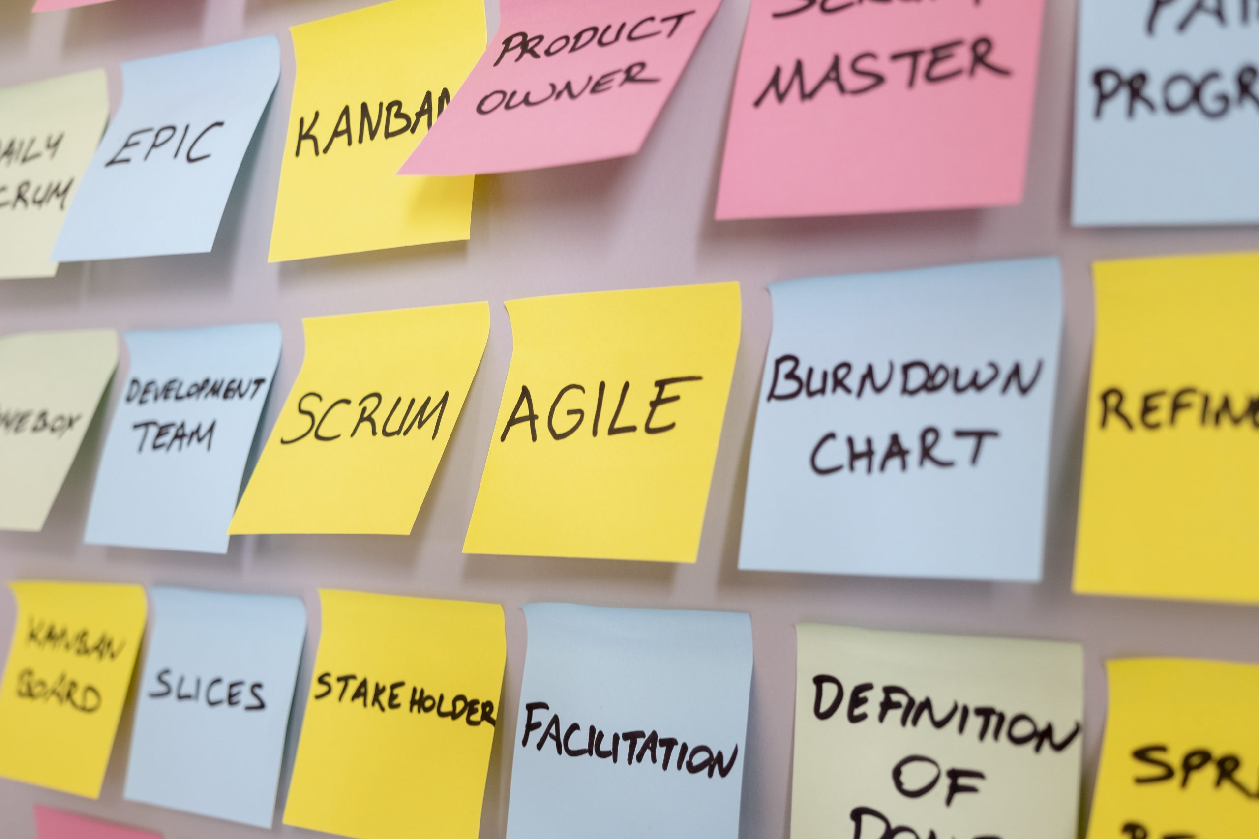 Agile keywords on Post-It notes including Scrum, Agile, Burndown Chart, Product Owner