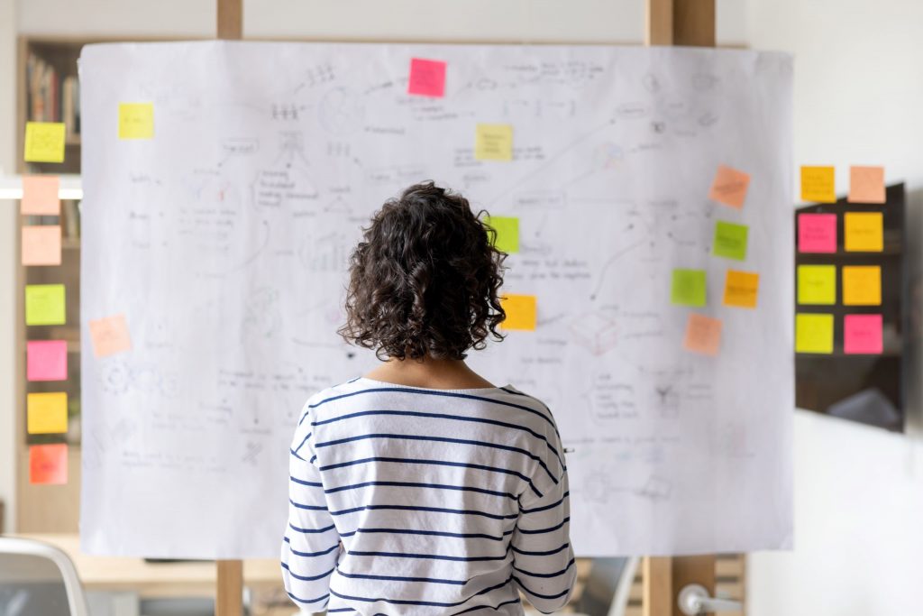 Woman who is providing Agile Consulting Services standing in front of a Scrum Board
